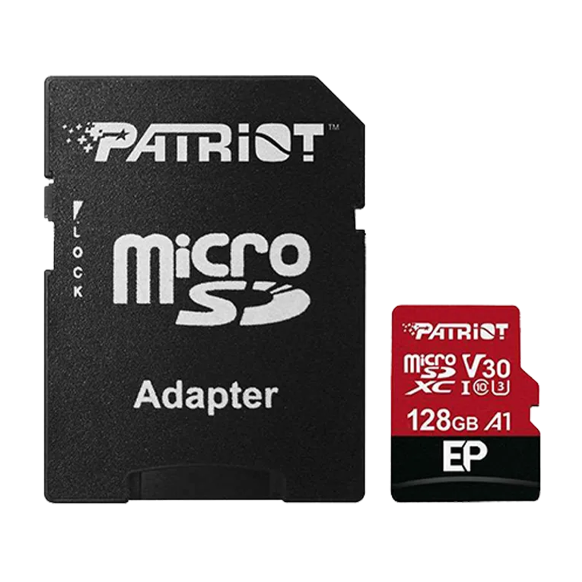 کارت حافظه microSDXC پاتریوت مدل EP کلاس 10 استاندارد UHS-I U3 V30 سرعت 90MBps ظرفیت 128 گیگابایت به همراه آداپتور-مشکی