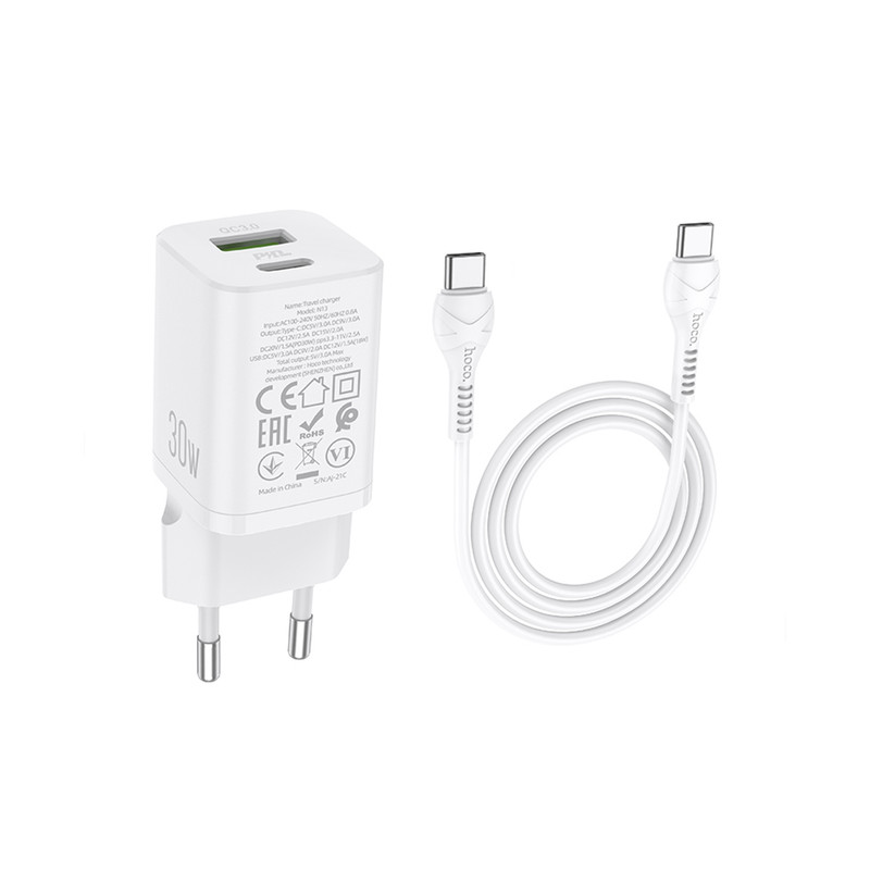 شارژر دیواری هوکو مدل N13 PD 30W+QC3.0 به همراه کابل USB-C