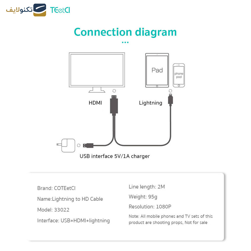 کابل تبدیل HDMI به لایتنینگ/USB کوتتسی مدل 33022 طول 2 متر