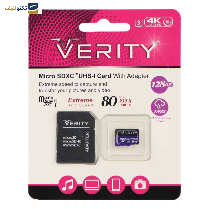  کارت حافظه microSDXC وریتی مدل 4K کلاس 10 استاندارد UHS-I U3 سرعت 80MBps ظرفیت 128 گیگابایت به همراه آداپتور SD