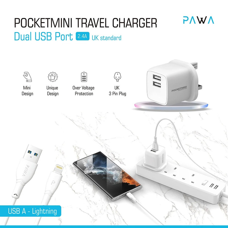   شارژر دیواری 12 وات پاوا مدل Pocket Mini Travel Charger  به همراه کابل USB به لایتنینگ