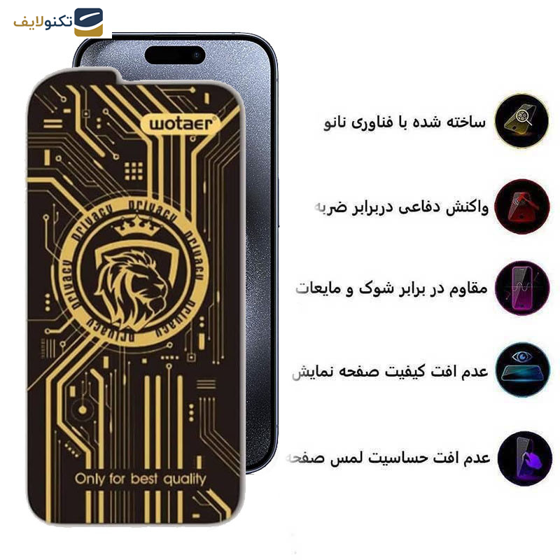 محافظ صفحه نمایش حریم شخصی اپیکوی مدل Wotaer Privacy مناسب برای گوشی موبایل اپل iPhone 15  