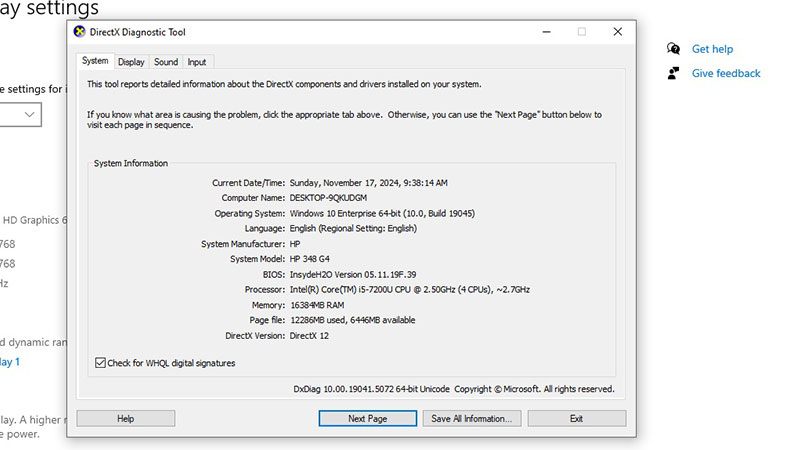 مشخصات سیستم در پنجره DirectX Diagnostic Tool