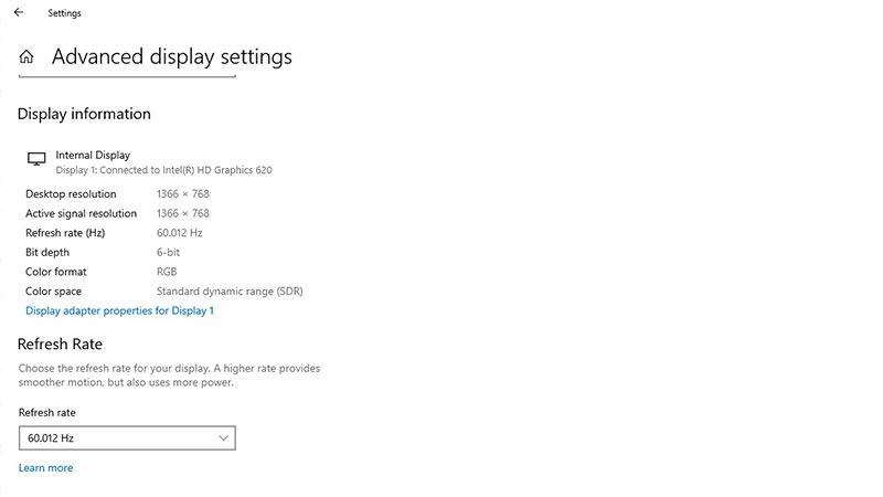 تست سلامت کارت گرافیک از طریق گزینه Advanced display settings