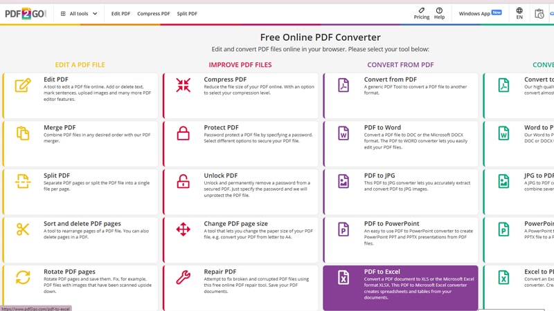 انتخاب گزینه to excel pdf در سایت PDF2Go