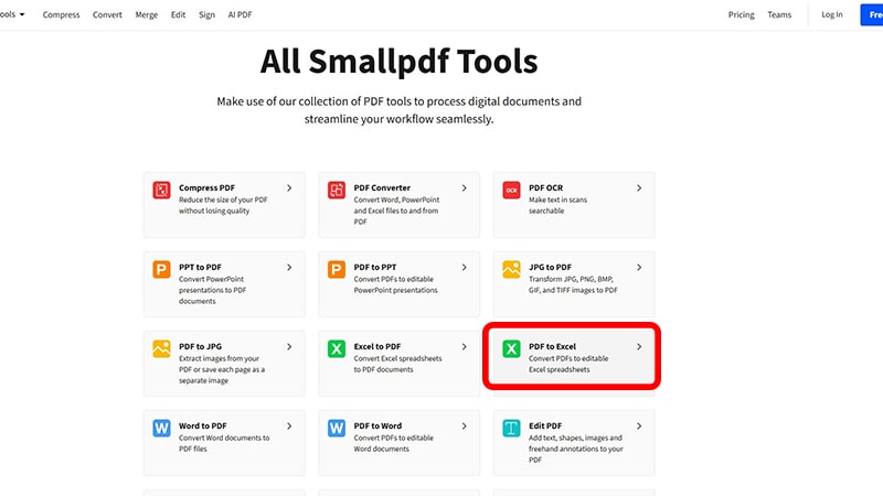 انتخاب گزینه to excel pdf در سایت smallpdf